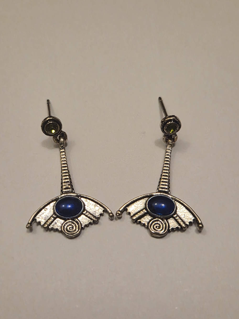 Vintage Egyptian Revival Fan Earrings Blue Cabochon Silver Tone Drop